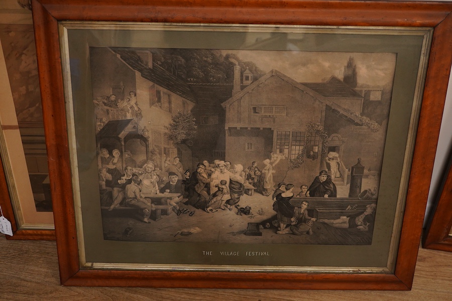 A set of three maple framed 19th century prints comprising 'Blind man's buff', 'Rent day' and 'The Village Festival' together with two others 'Day Dream' and 'Bound for Trafalgar Bay', largest 57 x 81cm